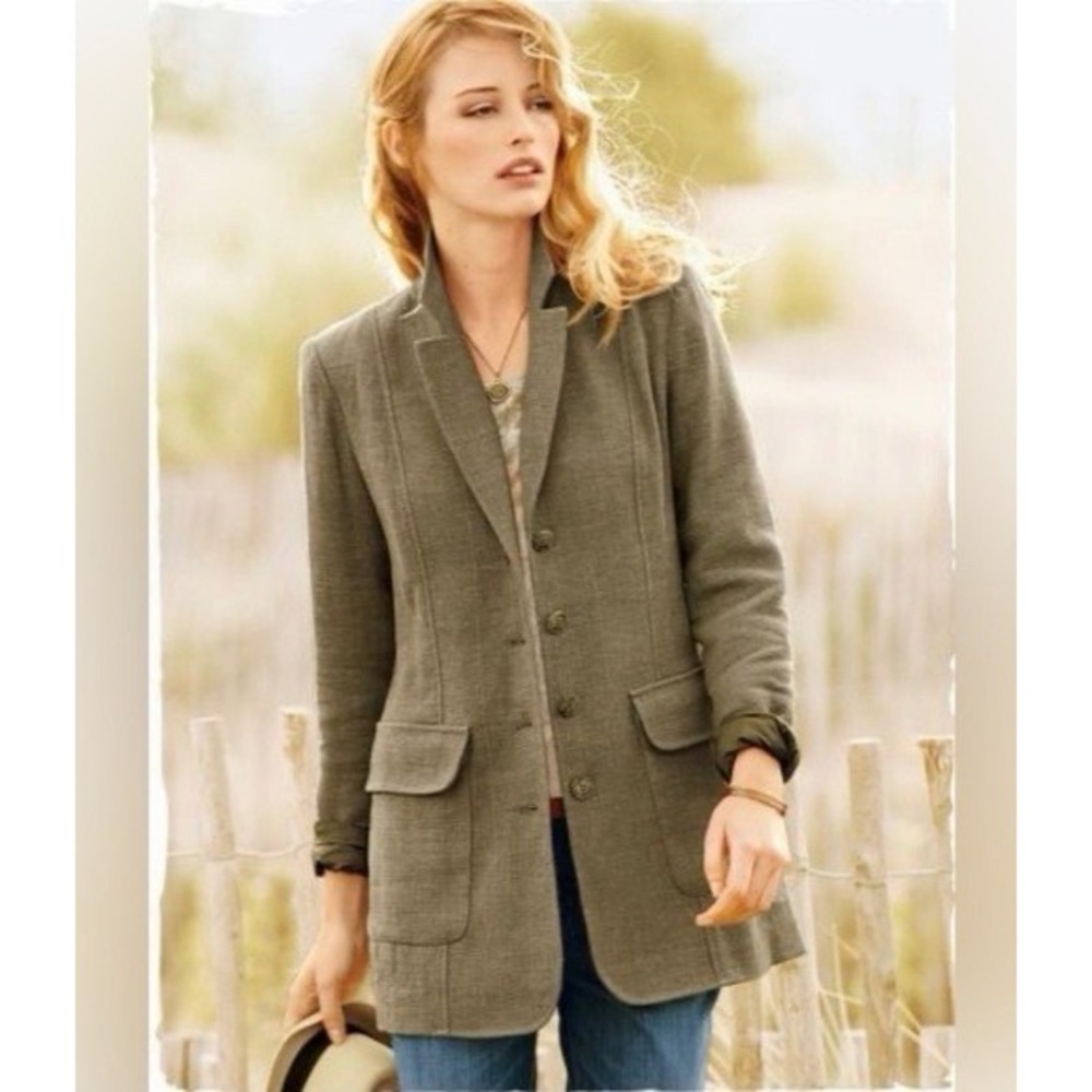 Peruvian Connection Dune 100% Linen Blazer Jacket Button Sz 8 in Khaki, Green